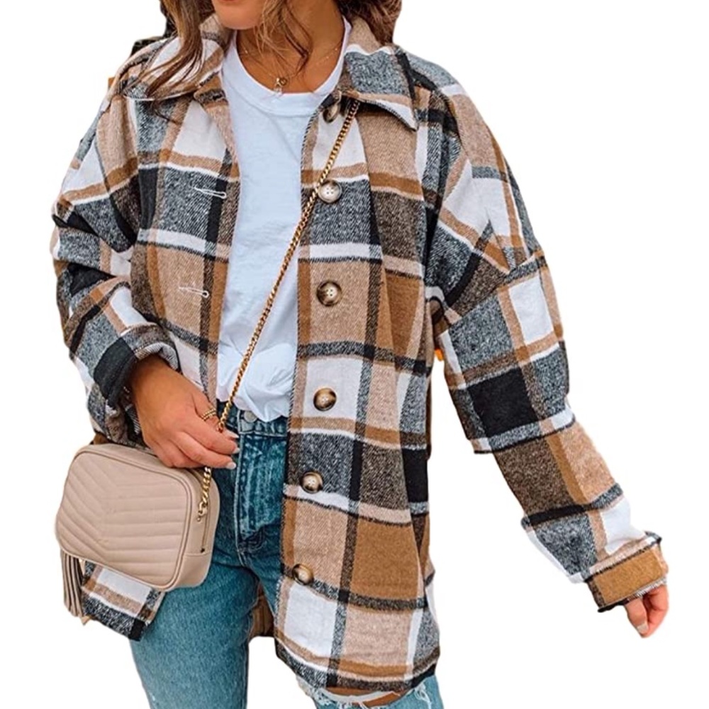 Yeokou Women's Fall Color Block Plaid Flannel Shacket Jacket Button Down Shirt C